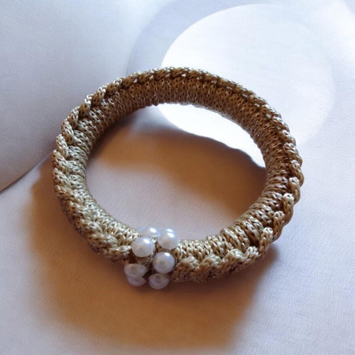 Macrame bracelet with shiny cord and white beads new