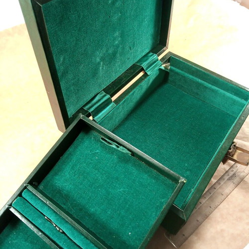 Tollent antique jewelry box used green cypress with velvet compartments