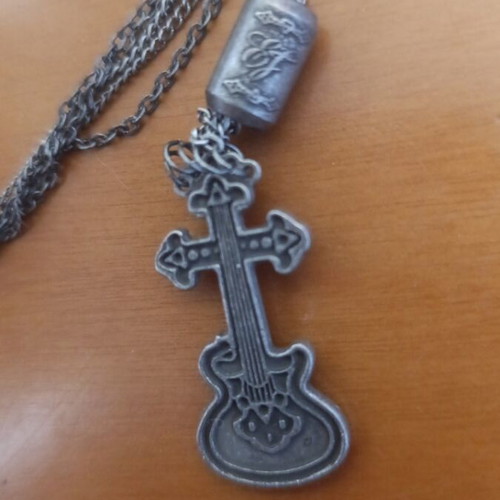 Gothic EJ Brand Necklace like new, long chain with cross guitar pendant