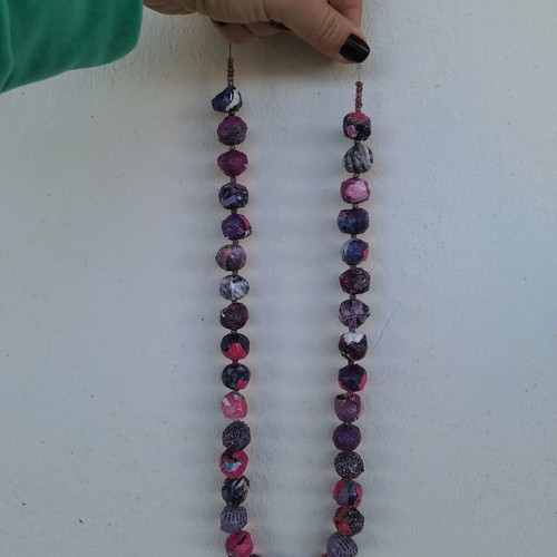 Long handmade bow tie necklace in purple and pink