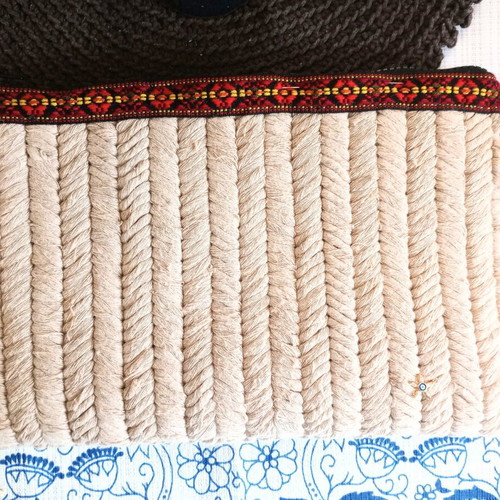 Large handmade clutch bag new with traditional ribbon, beige multicolor
