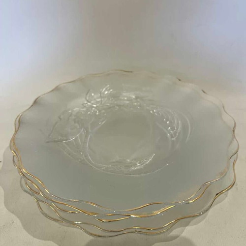 Vintage set of 5 glass plates matte with embossed designs and gold detail Indonesia 19cm used