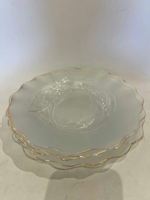 Vintage set of 5 glass plates matte with embossed designs and gold detail Indonesia 19cm used