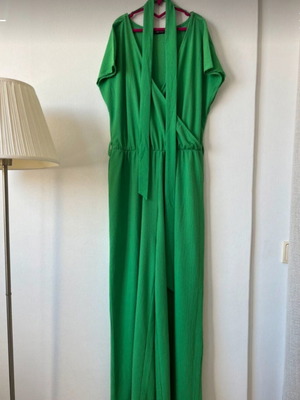 Emerald green one-piece jumpsuit with sleeves and waist belt