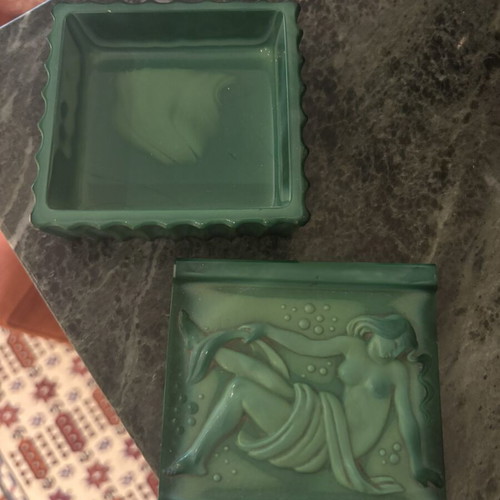Art Deco Malachite Glass Jewelry Box with Embossed Water Nymph, Vintage