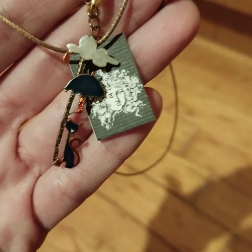 Handmade metal pendant with cat, new, multicolor