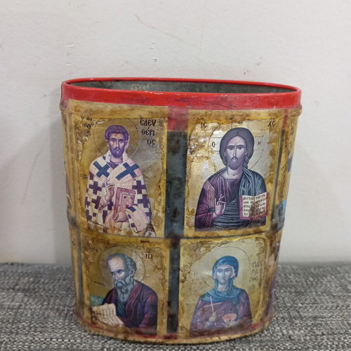 Vintage metal pencil holder decorated with icons used
