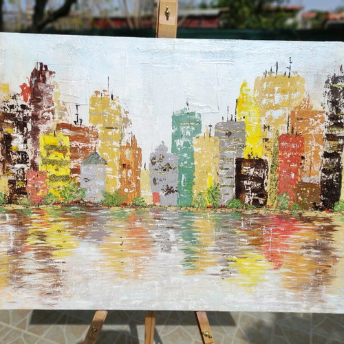 Handmade oil painting on canvas with abstract urban landscape new