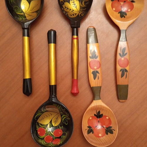Set of 5 Authentic Russian Khokhloma Wooden Spoons, Vintage Soviet Era
