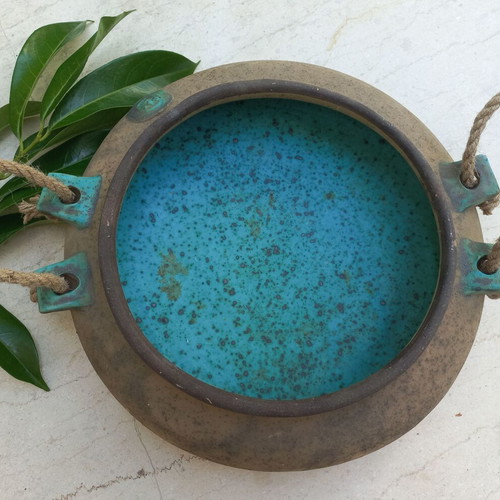 Ceramic platter with rope handles, turquoise interior, like new