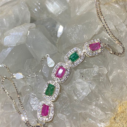 Handmade silver bracelet with natural emerald, ruby and moissanite, new
