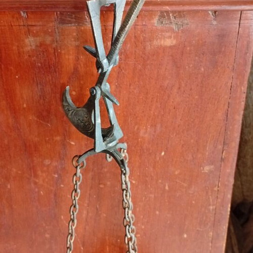 Small antique hanging steelyard balance scale with movable counterweight