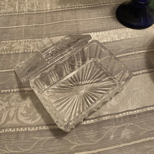 Carved glass jar with lid like new, 12x8 cm
