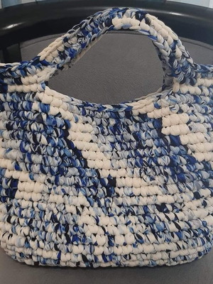 Handmade bag new, tulle with leather bottom, white and blue