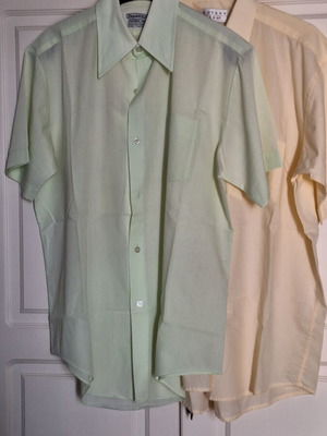 Two men's short sleeve dress shirts, mint and cream colors, size L