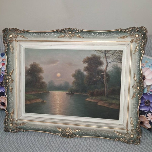 Romantic Landscape Oil Painting like new with Antique Scalloped Gilt Frame