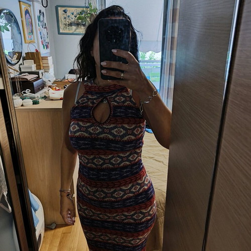 Boho print dress elastic, fits S, like new