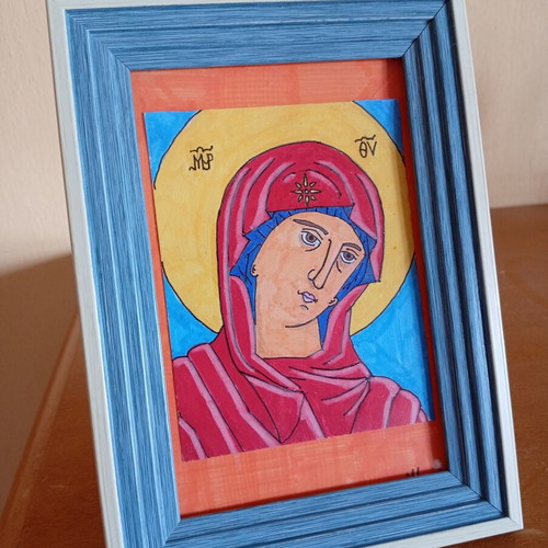 Icon of Panagia 10x15 cm new, handmade with frame