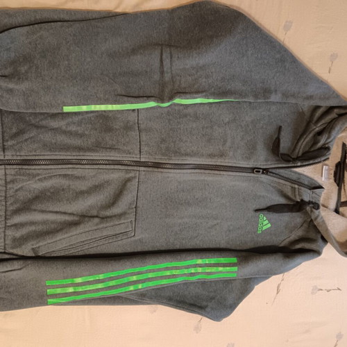 Adidas climate cotton men's zip-up hoodie size L, grey with green stripes