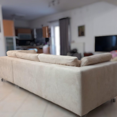Corner sofa used, beige stain-resistant suede