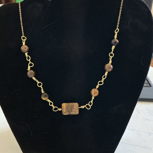 Tiger Eye Necklace with Brass and Beads, 50 cm