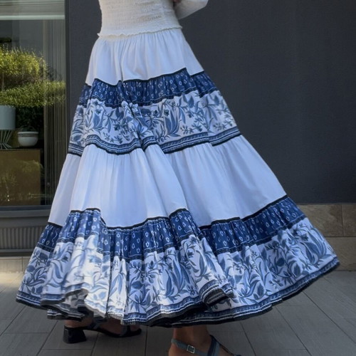 Vintage Parisian Tiered Maxi Skirt blue and white floral like new