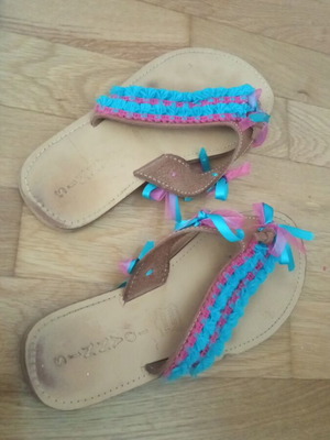 Handmade sandals used, leather, size 36.5-37, blue and pink