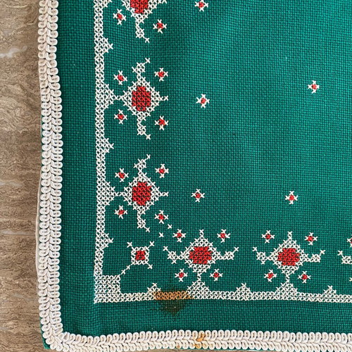 Vintage embroidery set used, green canvas square with three napkins