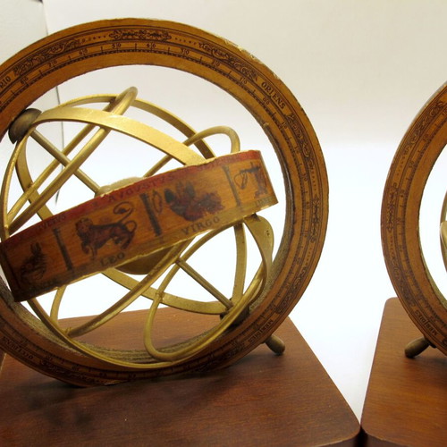 Vintage Italian bookends with armillary spheres globes 1960s–70s