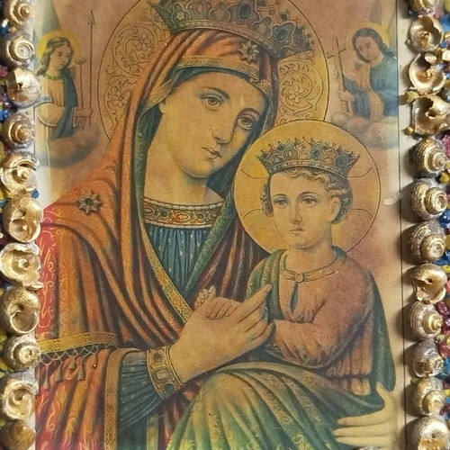 Old Icon of Panagia used, shell and stone frame