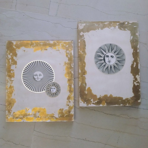 Fornasetti art prints with gold leaf on solid wood like new