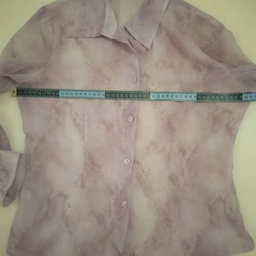 Sheer blouse in soft purple with abstract designs, like new, size M