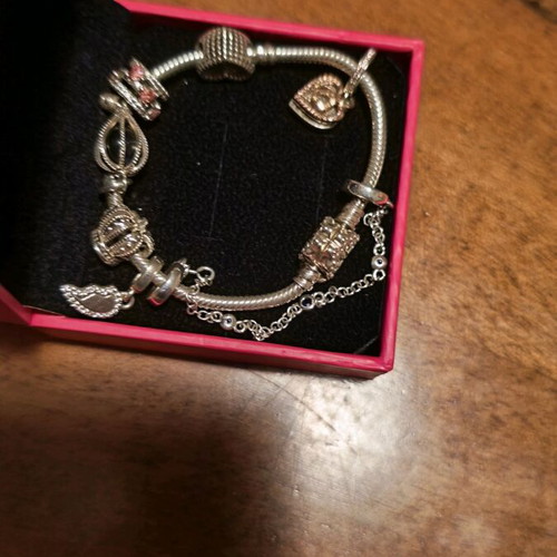 Pandora bracelet authentic used size 16 with 6 charms and safety chain