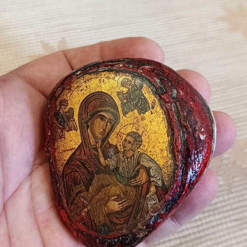Silkscreen icon on canvas on pebble