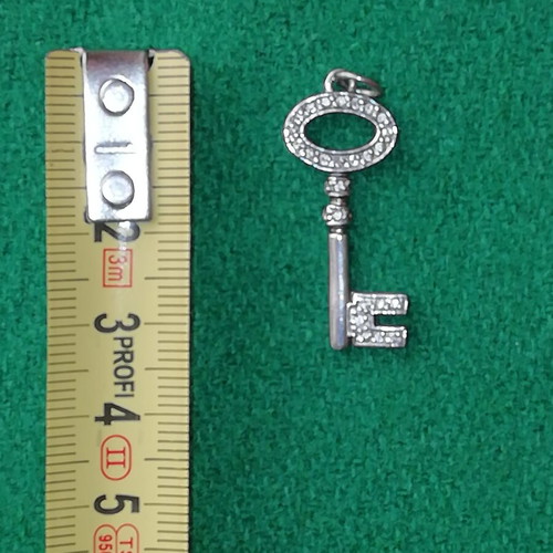 Steel necklace charm key silver color with clear zirconia new