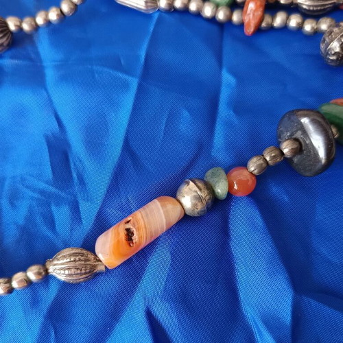 Vintage ‘80s Ethnic Tribal Nepal Necklace with Semi-Precious Stones and Metal Beads new, multicolor