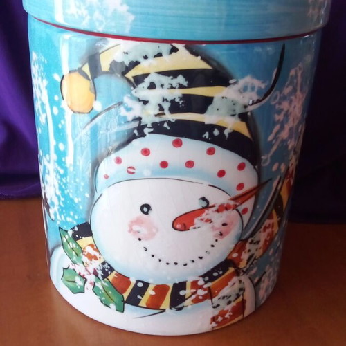 Blue Christmas cookie jar with snowman