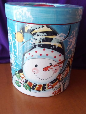 Blue Christmas cookie jar with snowman