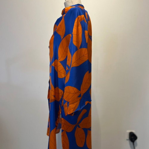 Statement satin tunic shirt dress like new, blue and orange leaf print