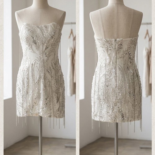Couture Mini Dress strapless with handmade embroidery and strass, new, size S