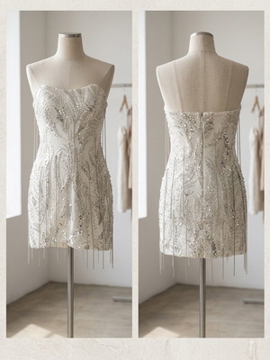 Couture Mini Dress strapless with handmade embroidery and strass, new, size S