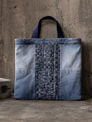 Denim tote bag handmade with patchwork detail, new, blue