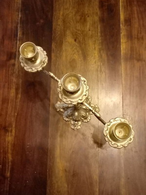 Antique triple metal candlestick used, brass Rococo style