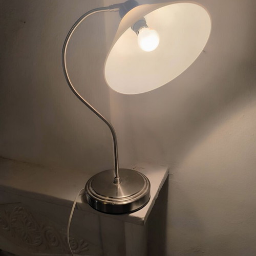 Modern table lamp with adjustable opal glass, inox frame
