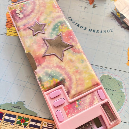 School pencil case with calculator and sharpener