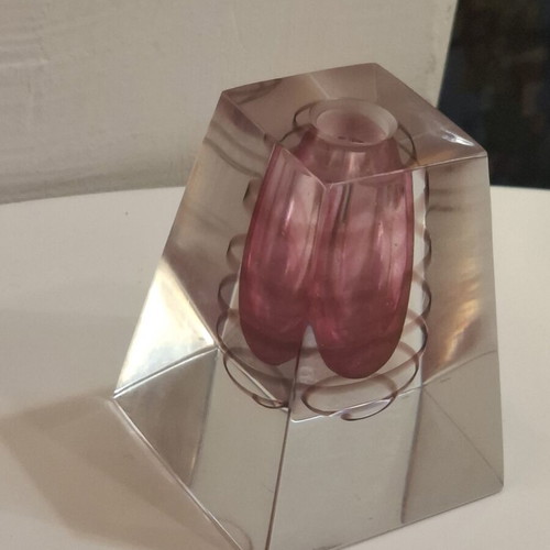 Art Glass Solid Dip Pen and Holder Deep Pink Spiral Used