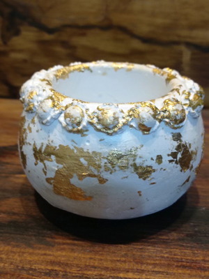 Decorative vase new, cement with embossed clay details and gold leaf