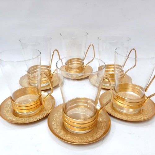Vintage set of 6 glasses with copper bronze holders and saucers USSR 1960s like new