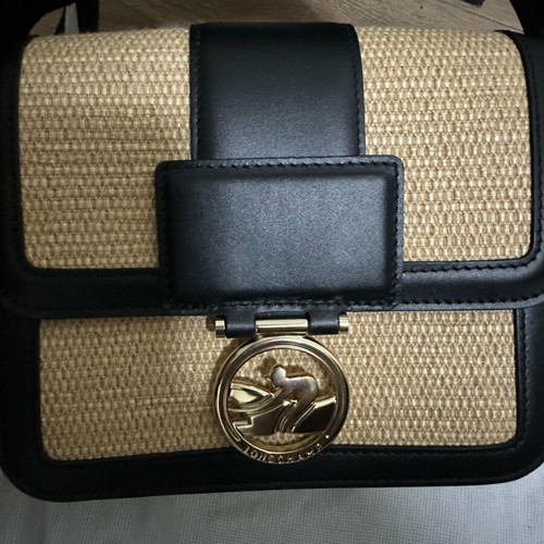 Longchamp cross bag with raffia and leather like new, black
