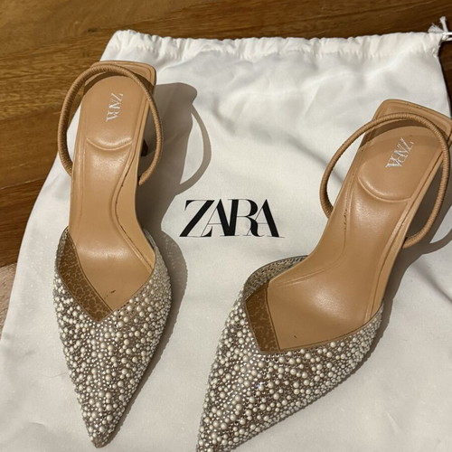 Zara pearl and rhinestone slingback pumps, size 38, nude camel